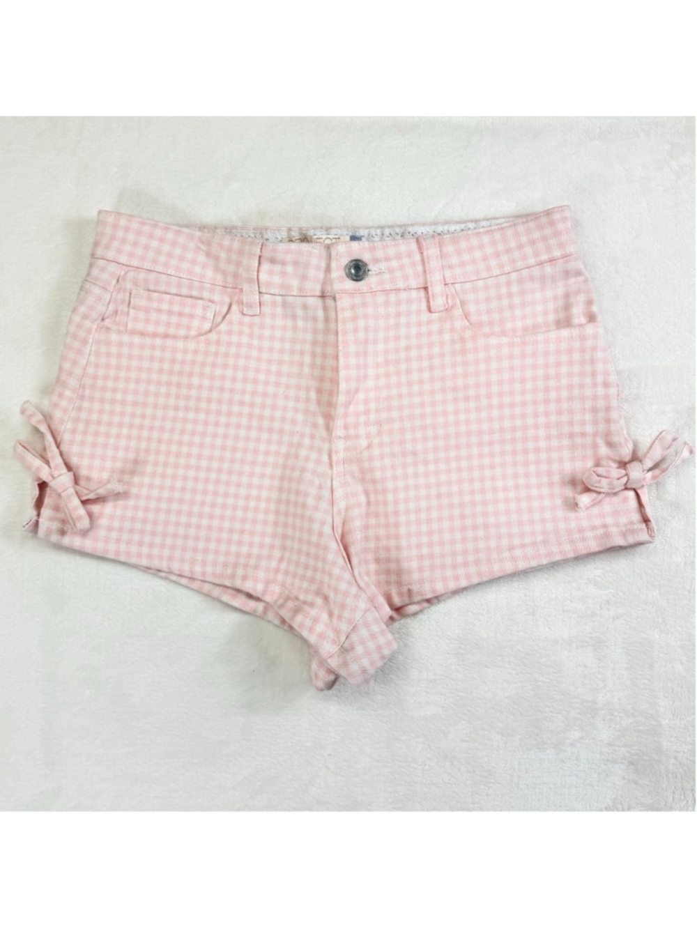 Juniors Project Rebel Denim Jean Shorts Size 7 Pink White Bows Gingham